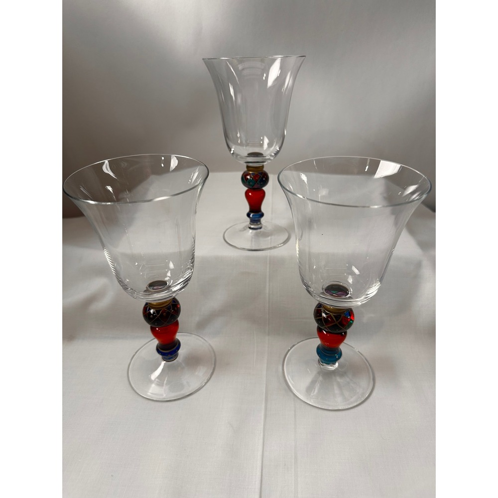 Pier 1 Imports Hand Painted Wine Glasses Set of 3 Harlequin Beaded Stem 7.5 inch